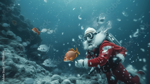 photography  Santa Claus scuba diving under the sea. photo