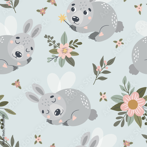 Vector seamless pattern with cute fairy-tale hare. Suitable for printing on fabric, cards and more.