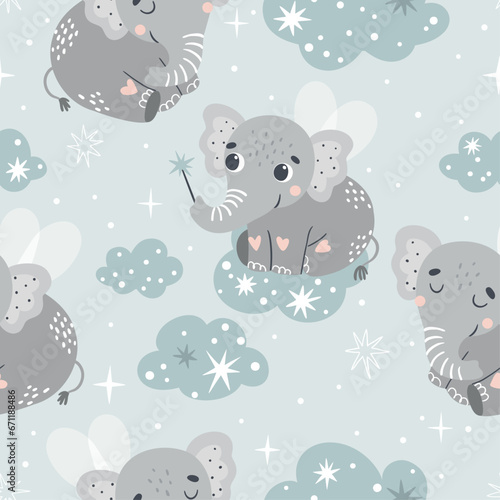 Vector seamless pattern with cute fairytale elephant. Suitable for printing on fabric, cards and more.