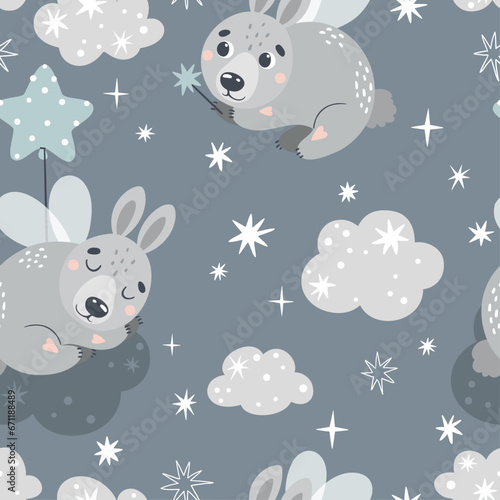 Vector seamless pattern with cute fairy-tale hare. Suitable for printing on fabric, cards and more.