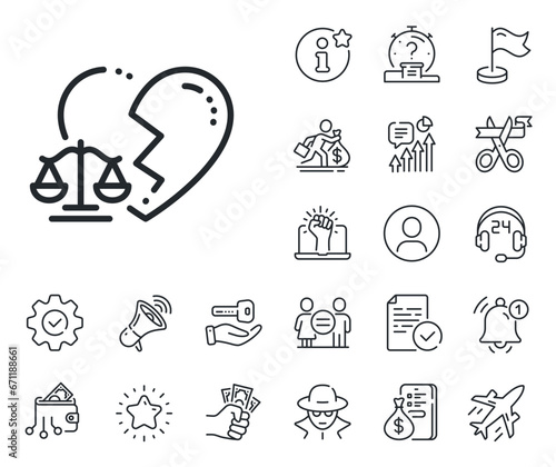 Justice scales sign. Salaryman, gender equality and alert bell outline icons. Divorce lawyer line icon. Marriage law symbol. Divorce lawyer line sign. Spy or profile placeholder icon. Vector