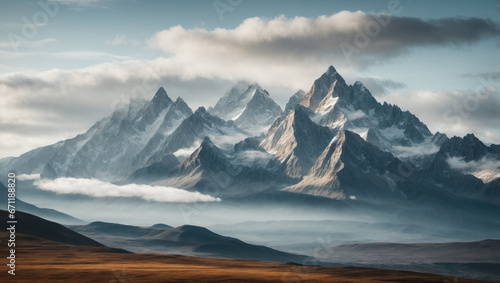 A mountain range with dramatic, jagged peaks.