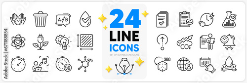 Icons set of Safe time, Chemical formula and Idea gear line icons pack for app with Time management, Dermatologically tested, Co2 thin outline icon. Handout, Chemistry lab, Eco power pictogram. Vector