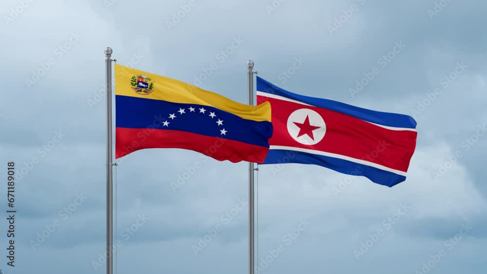 North Korea and Venezuela flag waving together on cloudy sky, endless seamless loop North Korea and Venezuela flag waving together on cloudy sky, endless seamless loop