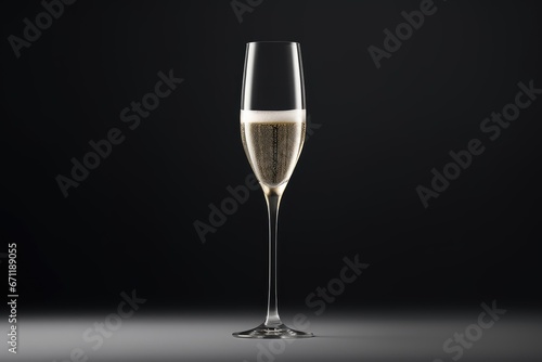 Champagne glass template mockup, alcoholic beverage on black background. Suitable for festive designs and wine lists, restaurant menus.