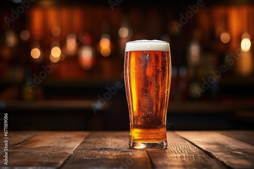 A glass of beer, template, mockup of an alcoholic beverage standing on a wooden table on the background of a beerhouse. Suitable for pub or bar menu design.