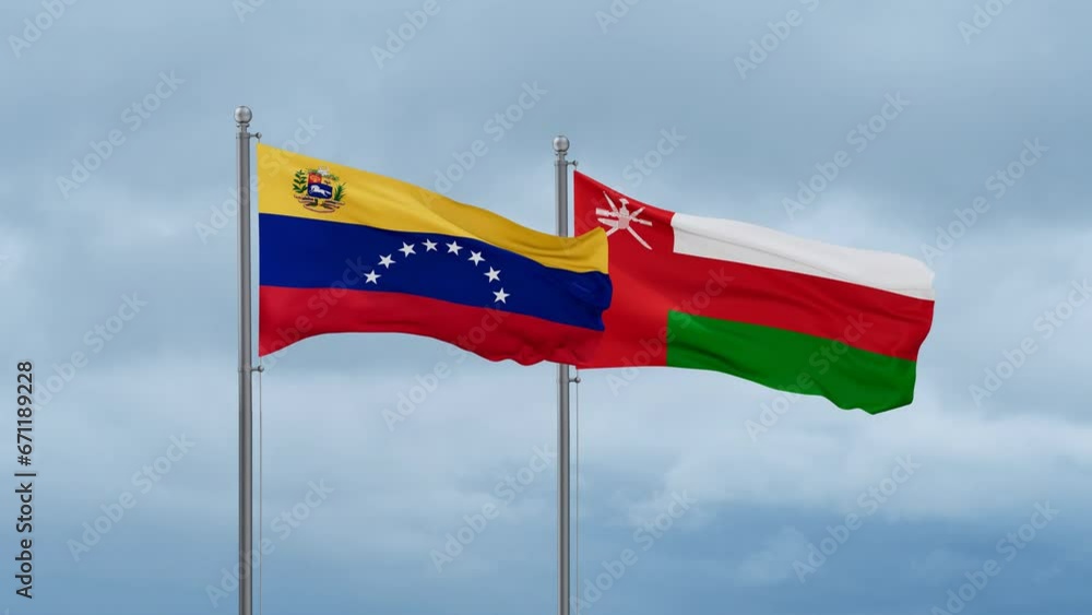 Oman and Venezuela flag waving together on cloudy sky, endless seamless loop, two country cooperation concept Oman and Venezuela flag waving together on cloudy sky, endless seamless loop, two country cooperation concept