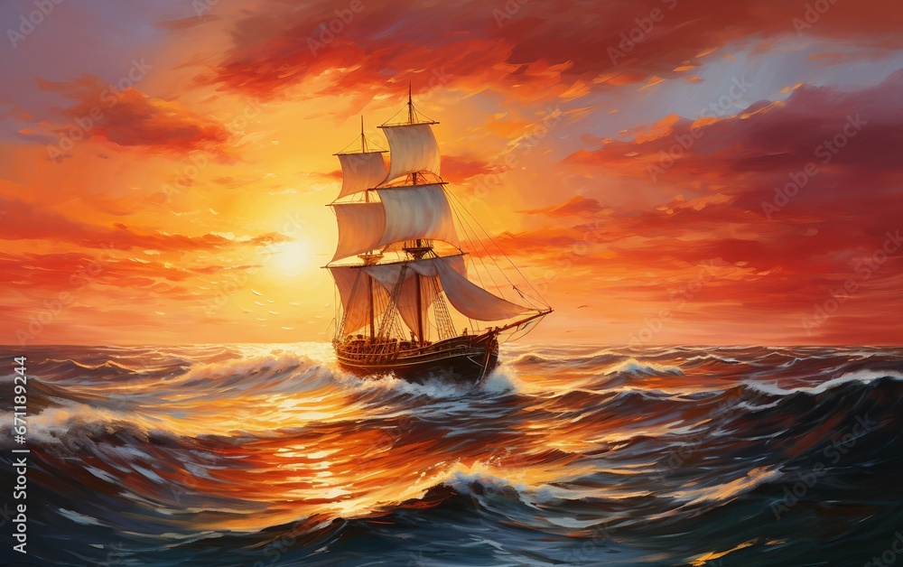 Oil painting of sailboat at sunset on the sea