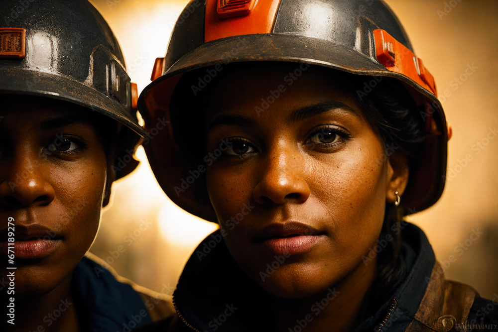 Digital portrait of a african american female miner underground in a mine next to mining workers. The concept of gender equality Digital portrait of a african american female miner underground in a mine next to mining workers. The concept of gender equality