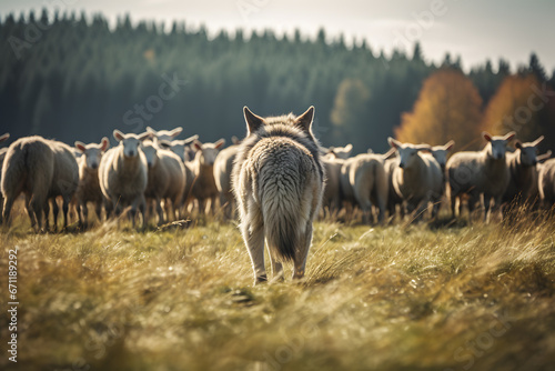 Wild wolf in front of herd of livestock sheep photo