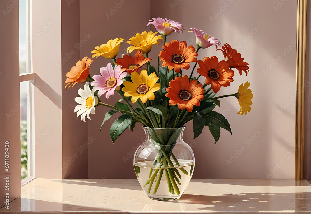 Bouquets of flowers in a vase in a decorative space with a pastel background Bouquets of flowers in a vase in a decorative space with a pastel background