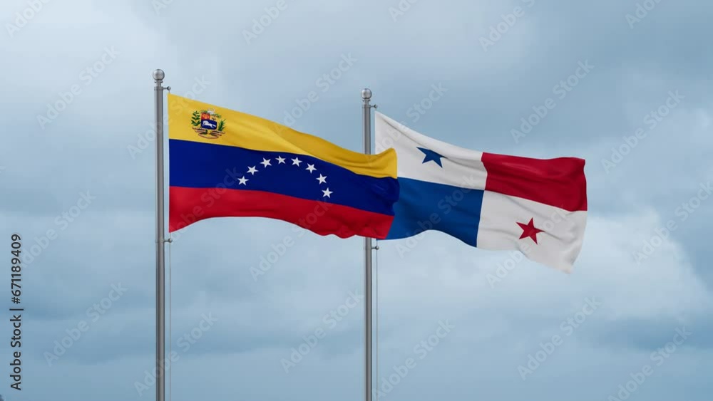 Panama flag and Venezuela flag waving together on cloudy sky, endless seamless loop, two country relations concept Panama flag and Venezuela flag waving together on cloudy sky, endless seamless loop, two country relations concept