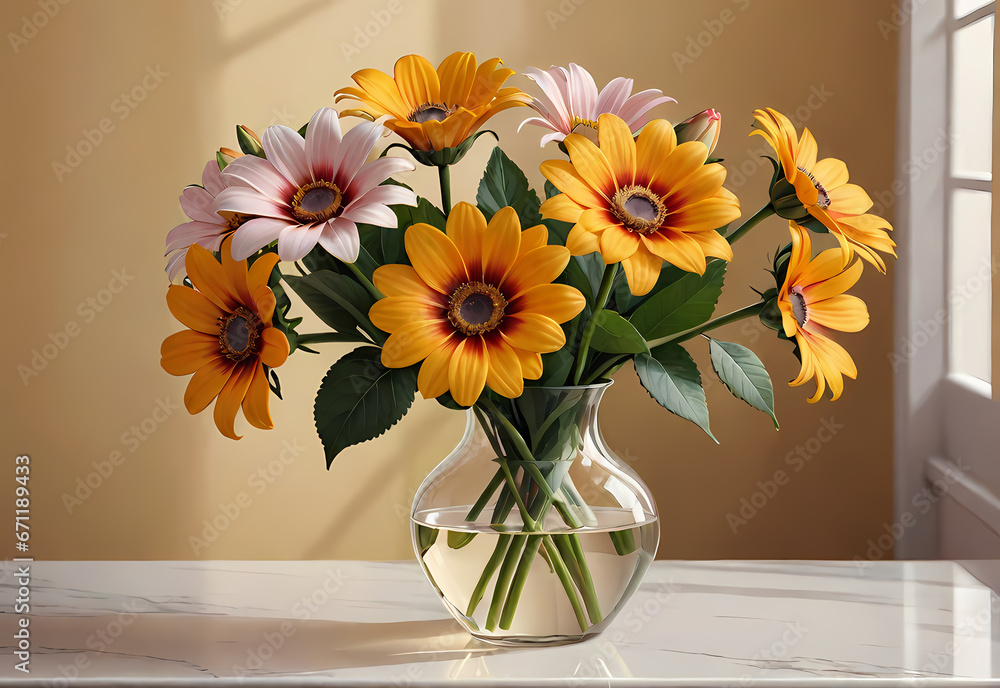 Bouquets of flowers in a vase in a decorative space with a pastel background Bouquets of flowers in a vase in a decorative space with a pastel background