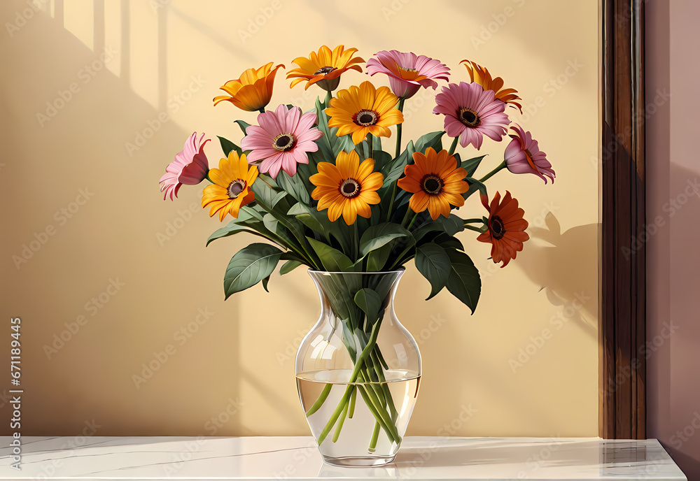 Bouquets of flowers in a vase in a decorative space with a pastel background Bouquets of flowers in a vase in a decorative space with a pastel background
