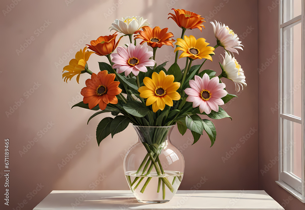 Bouquets of flowers in a vase in a decorative space with a pastel background Bouquets of flowers in a vase in a decorative space with a pastel background