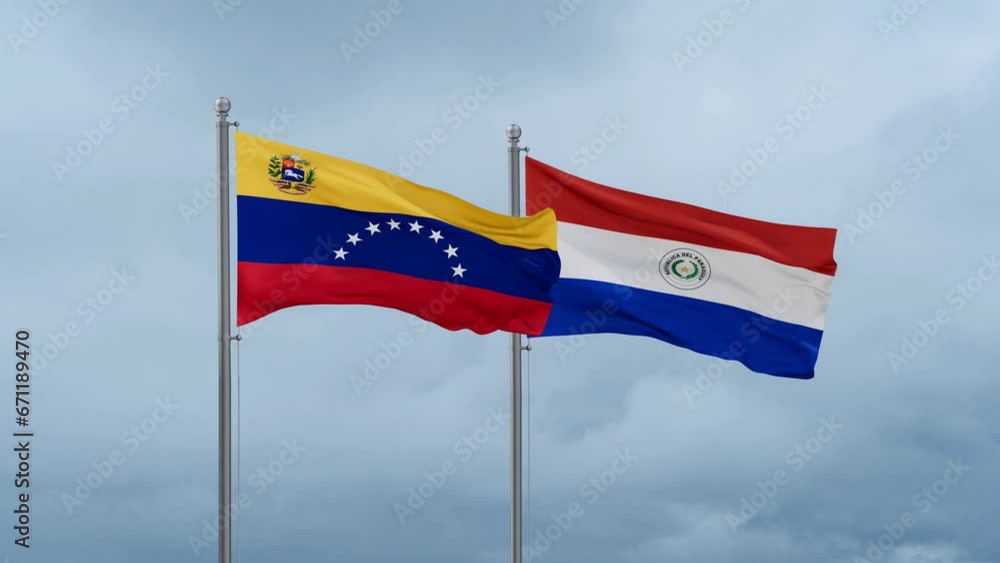 Paraguay flag and Venezuela flag waving together on cloudy sky, endless seamless loop, two country relations concept Paraguay flag and Venezuela flag waving together on cloudy sky, endless seamless loop, two country relations concept