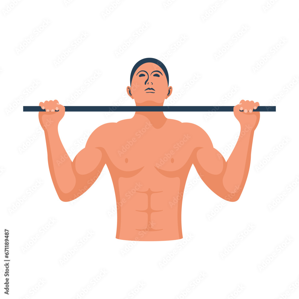 Man is doing pull-ups on the horizontal bar. Athlete on the horizontal bar. Athletic young body. Healthy lifestyle. Muscles and abs. Vector illustration flat design. Isolated on white background.