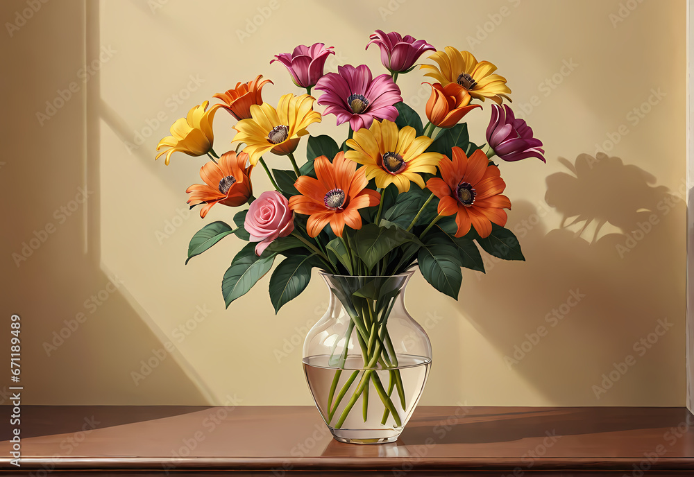 Bouquets of flowers in a vase in a decorative space with a pastel background Bouquets of flowers in a vase in a decorative space with a pastel background