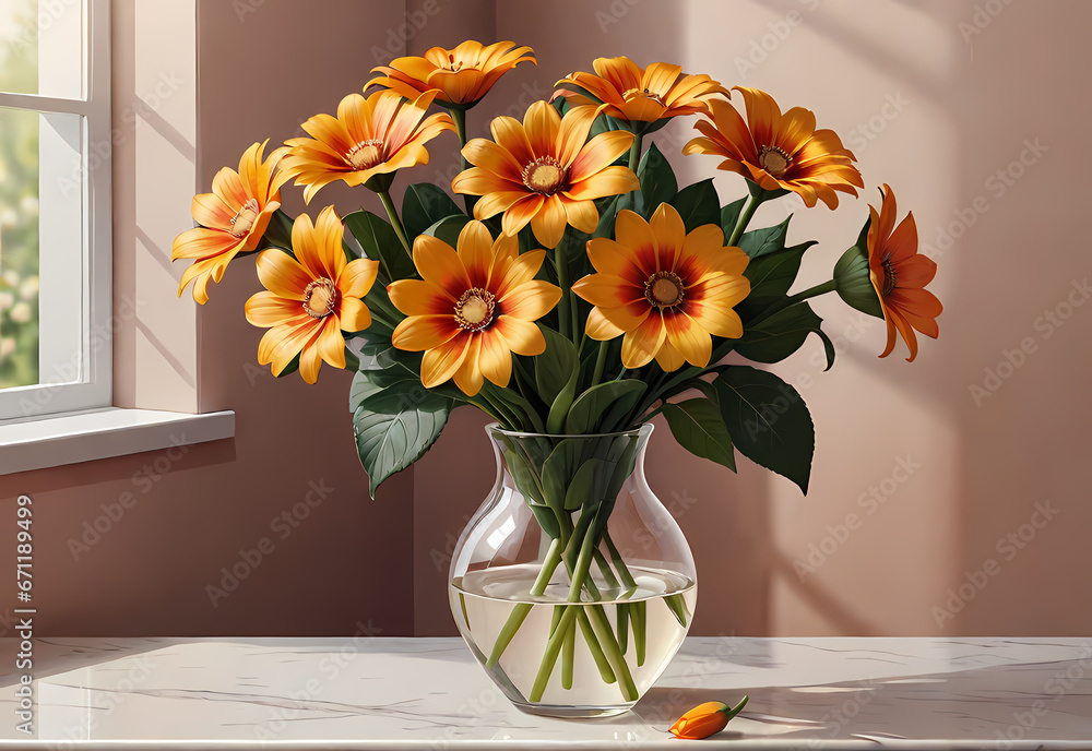 Bouquets of flowers in a vase in a decorative space with a pastel background Bouquets of flowers in a vase in a decorative space with a pastel background