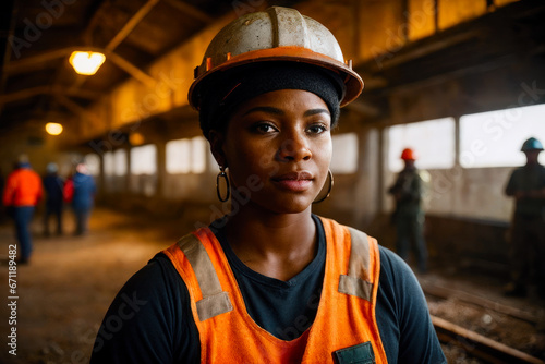 Digital portrait of a african american female miner underground in a mine next to mining workers. The concept of gender equality photo