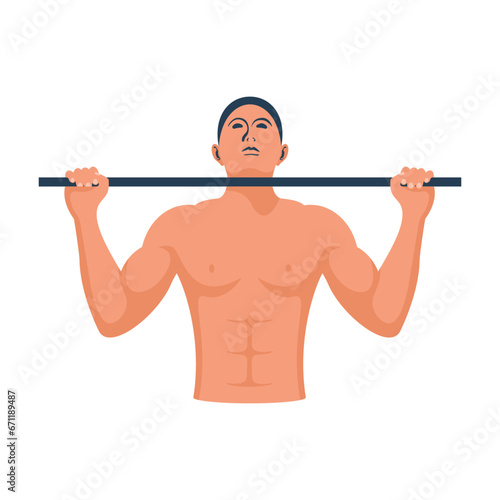 Man is doing pull-ups on the horizontal bar. Athlete on the horizontal bar. Athletic young body. Healthy lifestyle. Muscles and abs. Vector illustration flat design. Isolated on white background.