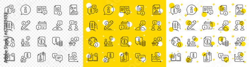 Reception information, Journey path, Guide book. Info center line icons. Call center, Faq chat bubbles, Info help desk icons. Question mark, Search information and Customer help service. Vector