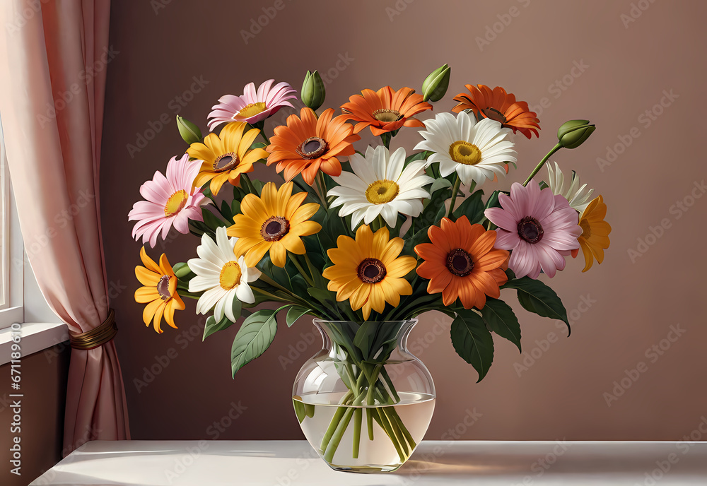Bouquets of flowers in a vase in a decorative space with a pastel background Bouquets of flowers in a vase in a decorative space with a pastel background