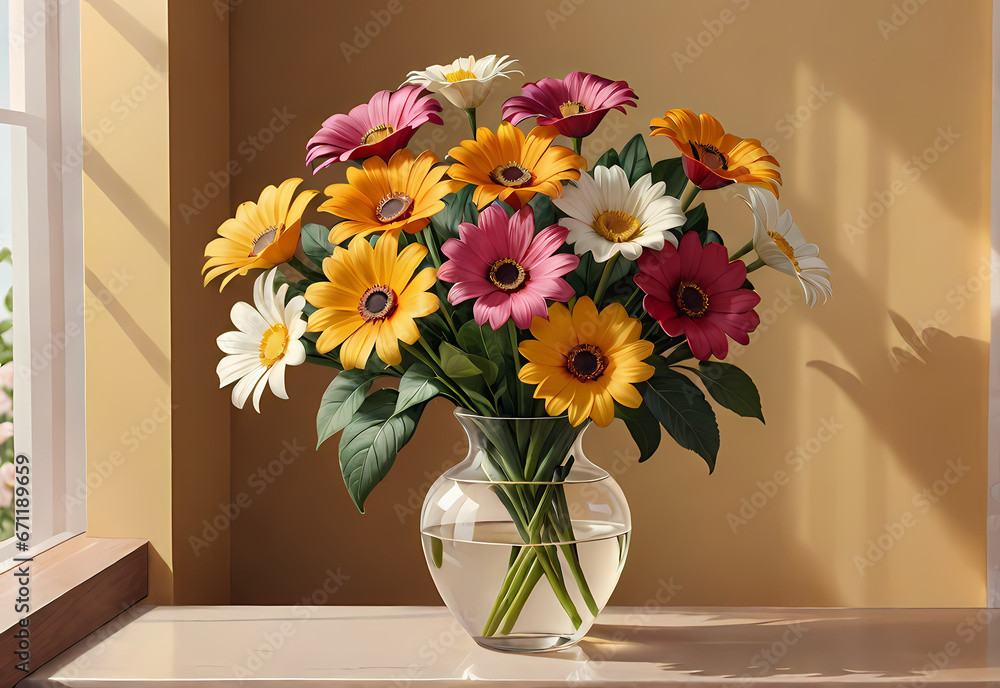 Bouquets of flowers in a vase in a decorative space with a pastel background Bouquets of flowers in a vase in a decorative space with a pastel background