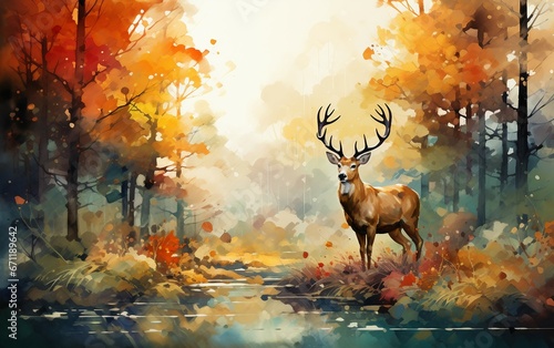 Wallpaper watercolor painting of Deer in Autumn © Flowstudio