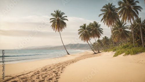 A serene  coastal beach with palm trees and golden sand.