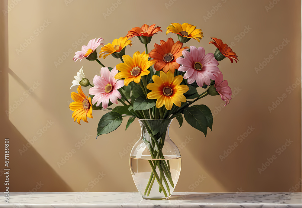 Bouquets of flowers in a vase in a decorative space with a pastel background Bouquets of flowers in a vase in a decorative space with a pastel background