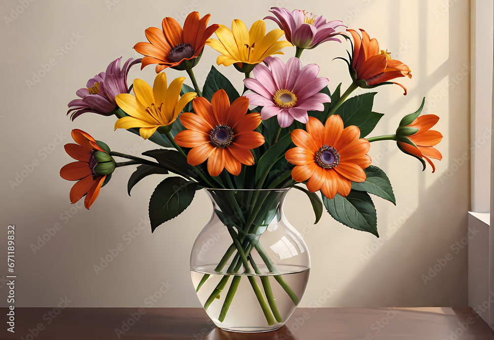 Bouquets of flowers in a vase in a decorative space with a pastel background