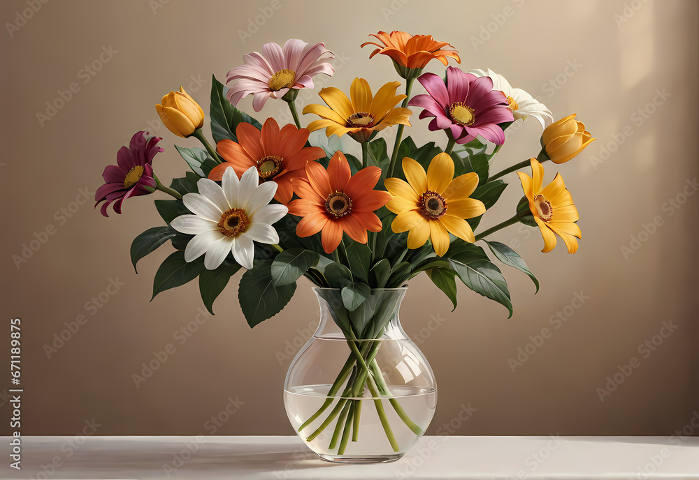 Bouquets of flowers in a vase in a decorative space with a pastel background Bouquets of flowers in a vase in a decorative space with a pastel background
