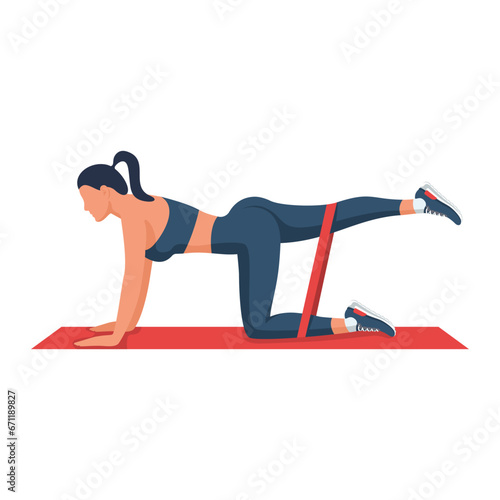 Girl doing sports exercises for buttocks with resistance band. Slender beautiful female body. Fitness and aerobics. Sports training. Active lifestyle. Vector illustration flat design. Fitness woman.