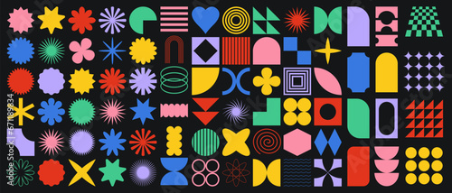 Vector set of brutalist geometric shapes. Trendy abstract minimalist figures, stars, flowers, circles. Modern abstract graphic design elements. Vector
