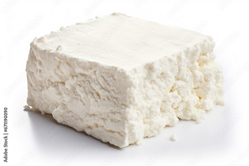 Block of cottage cheese isolated on white background