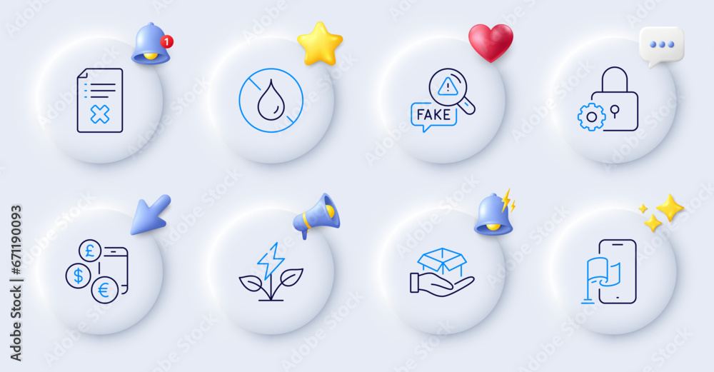 Reject file, No waterproof and Location app line icons. Buttons with 3d bell, chat speech, cursor. Pack of Eco power, Fake news, Currency rate icon. Hold box, Lock pictogram. Vector Reject file, No waterproof and Location app line icons. Buttons with 3d bell, chat speech, cursor. Pack of Eco power, Fake news, Currency rate icon. Hold box, Lock pictogram. Vector