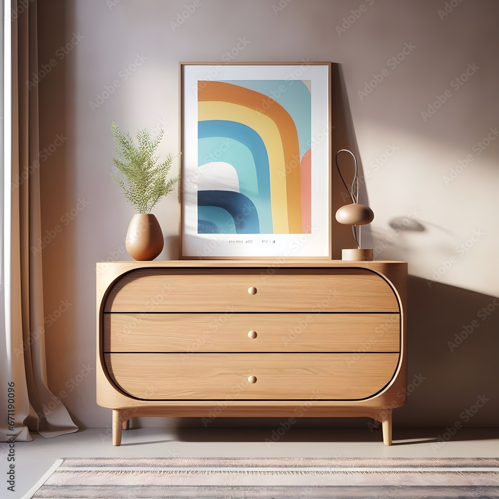 A sleek wooden dresser with rounded corners stands against a beige stucco wall, adorned with a vibrant art poster. The Scandinavian-inspired design adds a touch of modernity to the cozy living room A sleek wooden dresser with rounded corners stands against a beige stucco wall, adorned with a vibrant art poster. The Scandinavian-inspired design adds a touch of modernity to the cozy living room