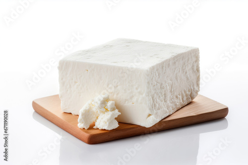 Block of cottage cheese isolated on white background