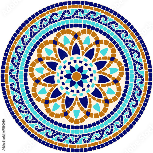 Mosaic floral ornament in blue and golden colors. For ceramics, tiles, ornaments, backgrounds and other projects.