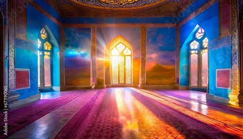 Moonlight shine through the window into islamic interior mosque 