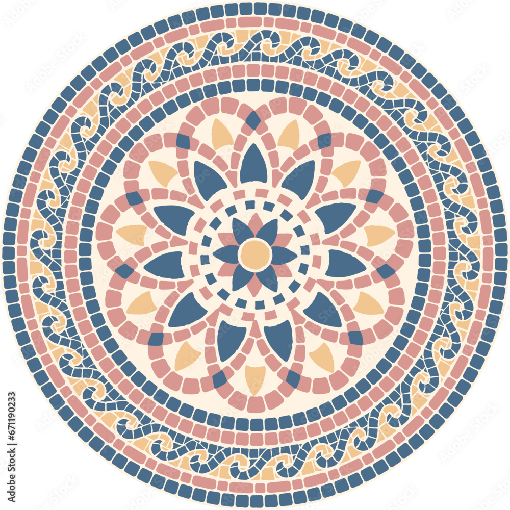 Mosaic floral ornament in blue, pink and yellow colors. For ceramics, tiles, ornaments, backgrounds and other projects.