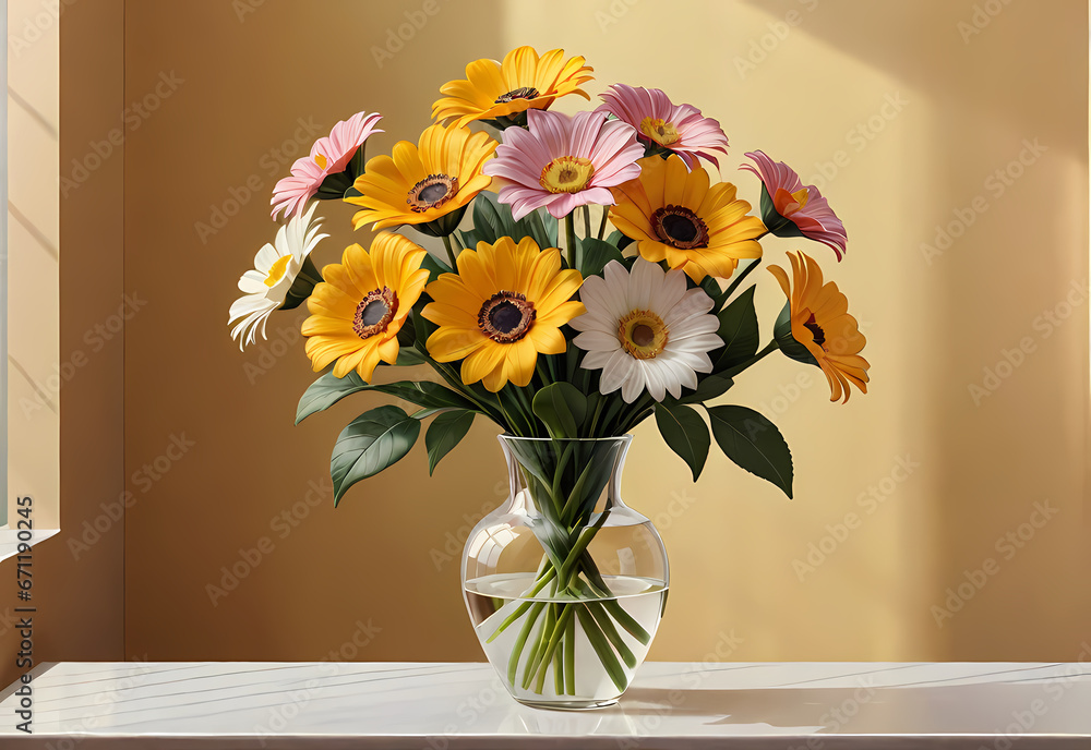 Bouquets of flowers in a vase in a decorative space with a pastel background Bouquets of flowers in a vase in a decorative space with a pastel background
