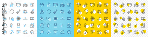 Vector icons set of Wallet, Package location and Startup line icons pack for web with Laptop repair, Coins, Employees teamwork outline icon. Delivery, Hold heart, Question button pictogram. Vector