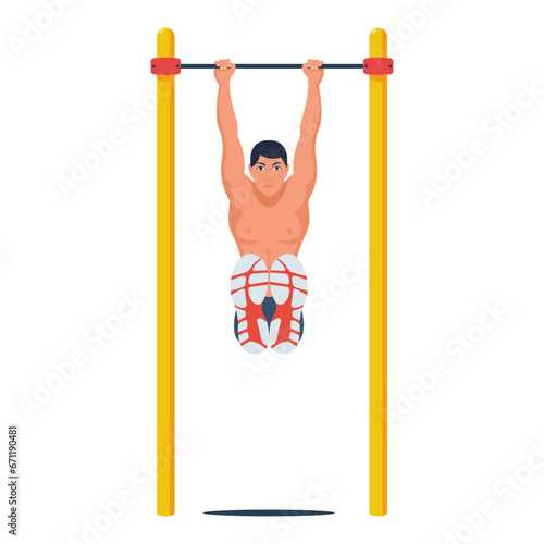 An athlete does a press exercise on the horizontal bar. Torso and abdominal workout. Strong torso. Performing leg lifts. Vector illustration flat design. Isolated on white background.