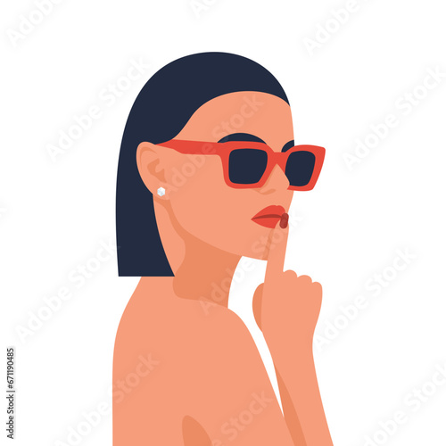 Girl showing shhh sign with finger near lips. Beautiful sexy young woman saying hush, be quiet. Gesture shhh. Women emotions. Face expressions. Gesture of silence. Vector illustration flat design.
