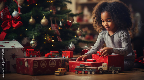 Curly American happy little girl holding in his hands a red gift box tied with a ribbon. Christmas and New Year celebrations family. photo