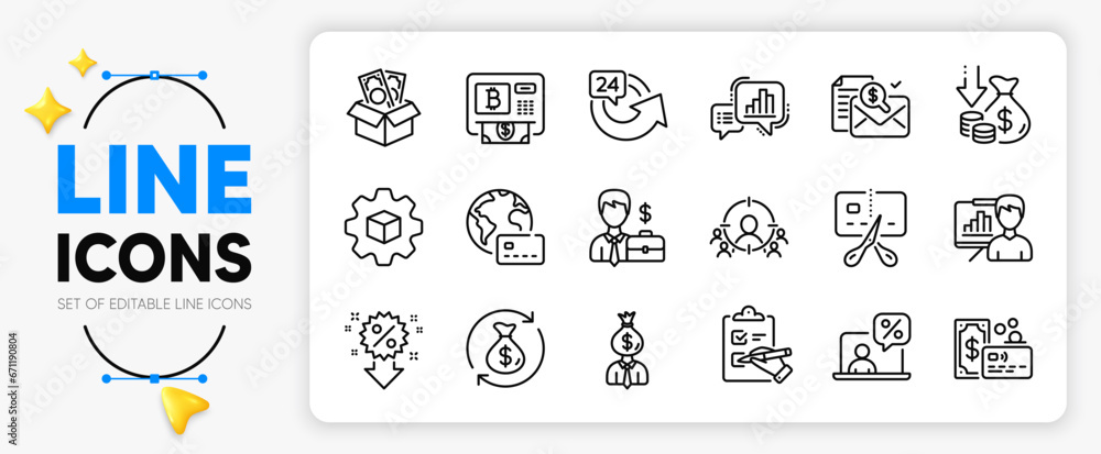 Internet pay, Manager and Presentation board line icons set for app include Deflation, Business targeting, Card outline thin icon. Bankrupt, Bribe, Accounting report pictogram icon. Vector