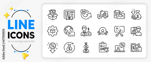 Internet pay, Manager and Presentation board line icons set for app include Deflation, Business targeting, Card outline thin icon. Bankrupt, Bribe, Accounting report pictogram icon. Vector