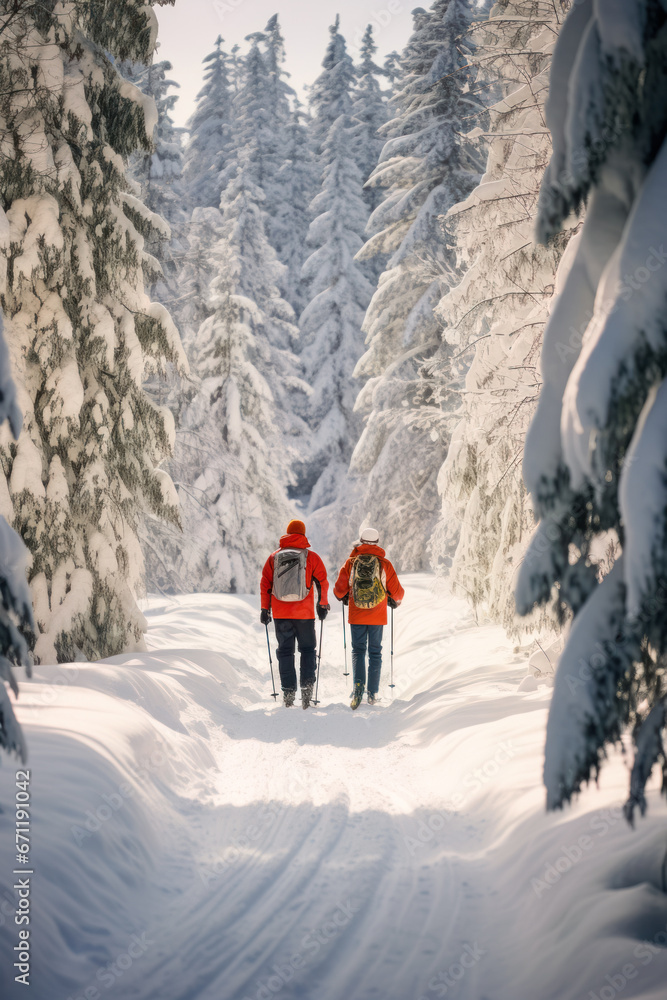 A walk through the winter forest, a couple skiing in a beautiful winter forest. Vertical frame and invitation to Christmas and New Year's holidays in nature, idea for postcard and advertising